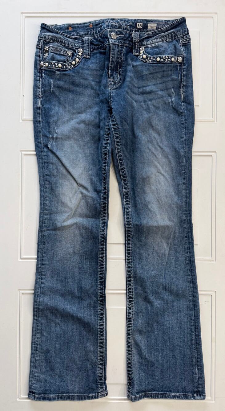 Miss Me Womens Sz 33 Signature Boot Cut Bootcut Gemstone Bling Y2K Denim Jeans
